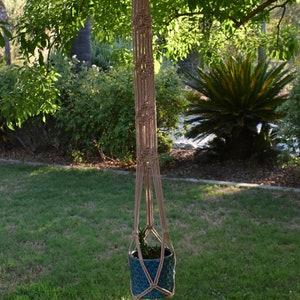 May include: A macrame plant hanger with a blue and white patterned pot hanging from a tree branch. The hanger is made of natural fiber rope and has a long tassel.