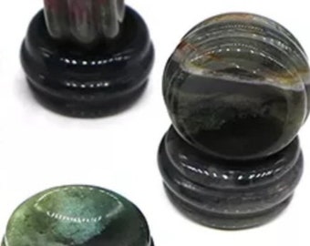 Moss Agate Orb stand. Semi-precious stone. One each.