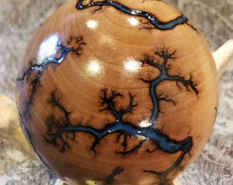 Captured Lightning Wood Sphere: Blue Lichtenberg Fractal Orb (3" Diameter)