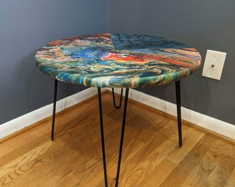 MAELSTROM Electro-Fractaled Accent Table. Lichtenberg burn and vivid acrylic. One each.  24in diameter.