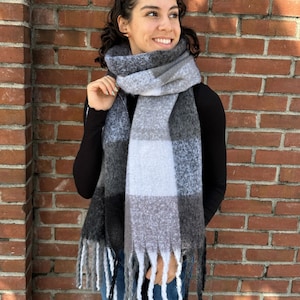 Extra Long Checkered Fringe Scarf