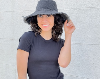 Wide Brim Denim Bucket Hat: Fringe Sun Hat