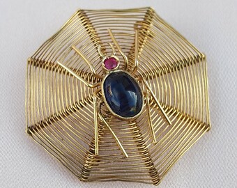 Antique Sapphire Gold Spider Brooch | Ca 1900s 14k Gold Brooch | Antique Bug Brooch | Vintage Insect Brooch | Yellow Gold