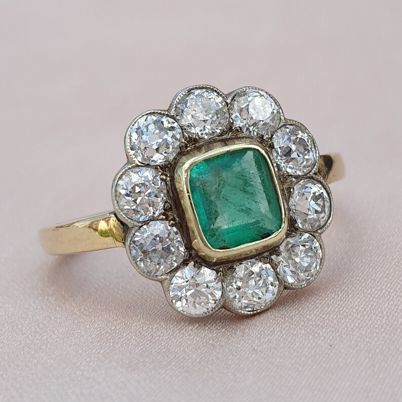 Art Deco Emerald & 1.60 Diamond Halo Ring Art Deco Diamond | Etsy