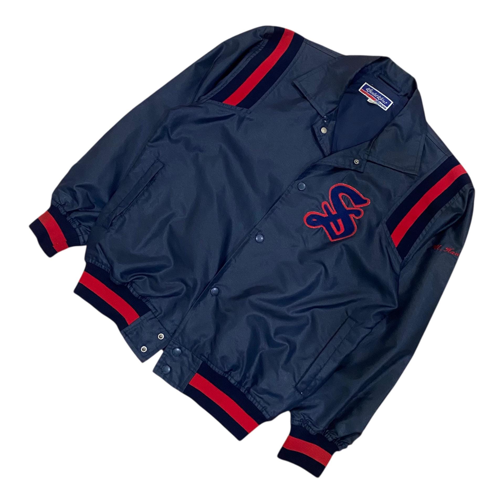 値下希少☆ヴィンテージ70.80年代☆MIZUNO WORLD WINジャケット Vintage Mizuno World Wins Navy Blue Baseball Jacket With Red and