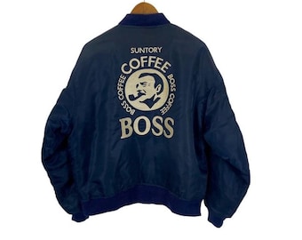 Vintage Suntory Coffee Boss nylon bomber jacket embroidered logo colour navy