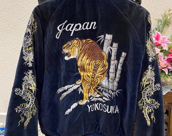 Vintage Sukajan Japanese Embroidered Tiger Logo Velvet Navy