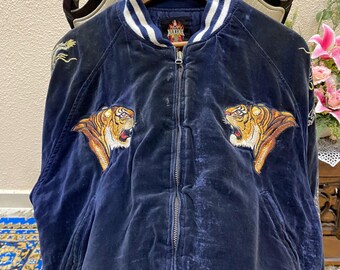 Vintage Sukajan Japanese Embroidered Tiger Logo Velvet Navy