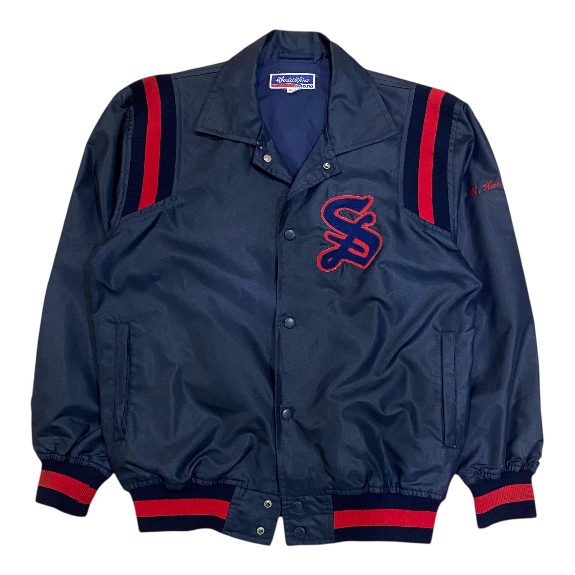 値下希少☆ヴィンテージ70.80年代☆MIZUNO WORLD WINジャケット Vintage Mizuno World Wins Navy Blue Baseball Jacket With Red and