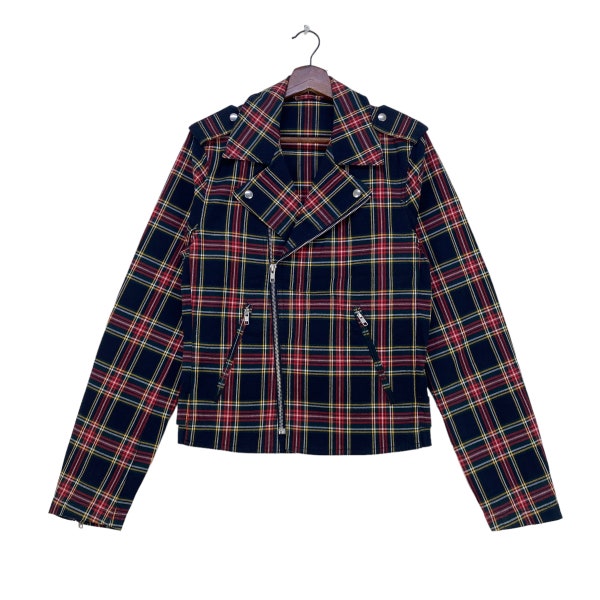 Very rare AGNES B. Homme red tartan double collar moto jacket | punk jacket tartan size 44