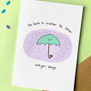 Tarjeta de felicitación alentadora: supere las tormentas con usted. Tarjeta motivacional, ayuda para la salud mental, alivio de la depresión, tarjeta de amabilidad.