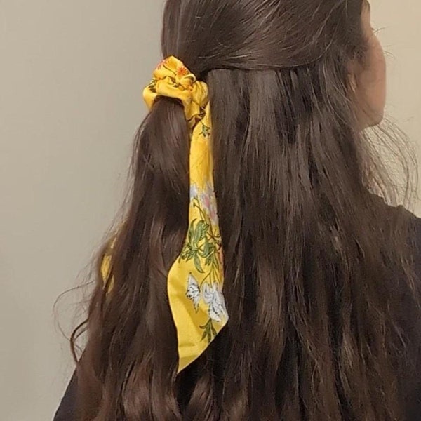 Silky floral hair scarves, scrunchie scarves, retro hair scrunchie ribbons, hair scrunchie ribbon