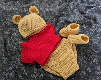 Winnie the Pooh Baby Outfit, 5 Piece Set, Pooh Bear, Photo Shoot, Infant, Newborn, Custom Crochet, Baby Shower, Sprinkle, Baby Gift