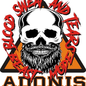 May include: A black and white skull with a beard, inside a yellow triangle with the words "Blood Sweat and Tears Beast Mode" in red around it. Below the triangle is the text "ADONIS SPORTSWEAR ENGLAND" in black.