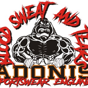 May include: Black and white illustration of a muscular figure with the text "Blood Sweat And Tears" in red and "ADONIS SPORTSWEAR ENGLAND" in black and orange.