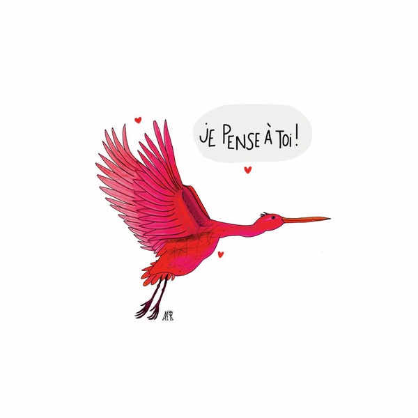 Carte Oiseau rose Je pense à toi