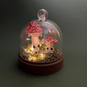 Pode incluir: Uma cúpula de vidro contendo duas pequenas figuras de cogumelos com chapéus vermelhos e manchas brancas, sobre uma base circular castanho-escura. Os cogumelos têm pequenos olhos pretos e estão rodeados por musgo verde e luzes quentes no interior.