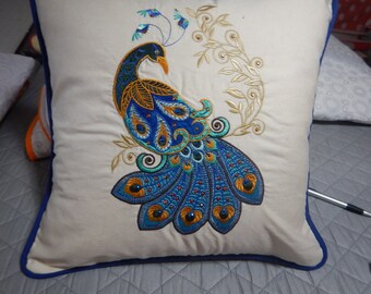 Embroidered Peacock Pillow
