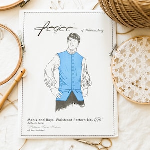 Puede incluir: Un patrón de chaleco de papel blanco con un dibujo de un hombre que lleva el chaleco. El patrón se titula "Men's and Boys' Waistcoat Pattern No. 1776" e incluye el texto "Authentic Design" y "All Sizes Included".