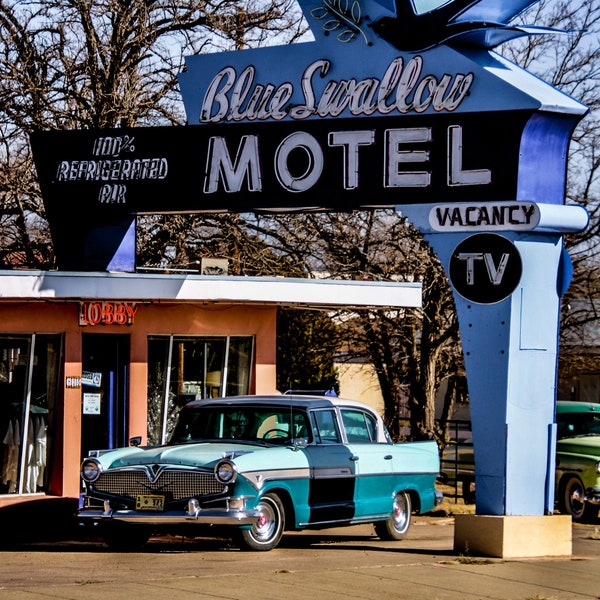 Classic RT 66 Blue Swallow Motel 100% Refrigerated Air | Photo Canvas Art Tucumcari NM Road Trip, Route 66 Landmark, Mother Road, Wall Art