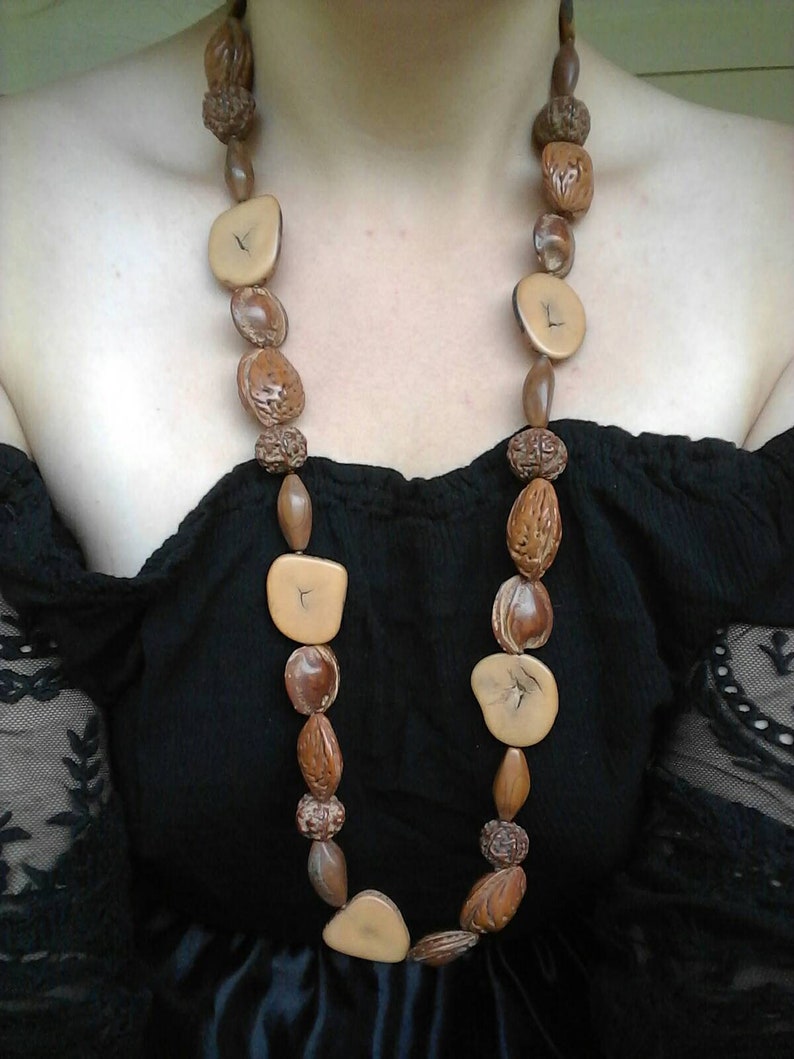 nature nut Walnut necklace long necklace almond statment laquared beaded necklace natural strand necklace unique jewelry unusual