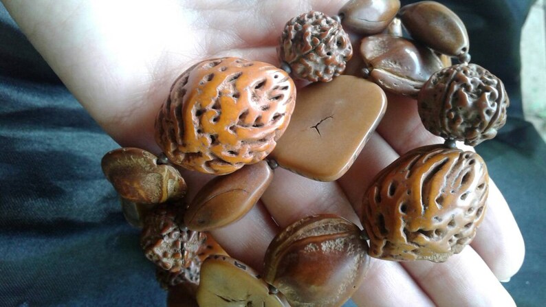 nature nut Walnut necklace long necklace almond statment laquared beaded necklace natural strand necklace unique jewelry unusual