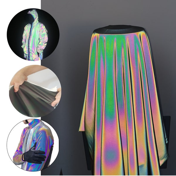 Iridescent Reflective STRETCH Fabric, spandex, 4-way stretch, High-Vis, iridescent, visibility fabric, Rainbow, 3M, holographic
