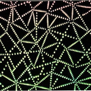 May include: A black background with a pattern of white, green, and pink dots connected by lines forming a web-like design.