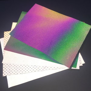 5x reflecterende hoogzichtbare stofmonsterkaart, stofstalen, materialen, iriserend, regenboog, zilver, geperforeerd, geweven en stretch