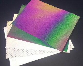 5x Reflective High-Vis Fabric Sample Card, Fabric swatches, Materials, Iridescent, Rainbow, Silver, Perforated, Woven and Stretch