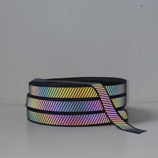 Diagonal Rainbow Reflective Grosgrain Iridescent tape in various widths, Sew On, High Vis, visibility material, sold by the meter