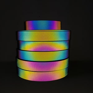 Rainbow Reflective Grosgrain Iridescent tape in various widths, Sew On, High Vis, visibility material, sold by the meter 40 Millimetres