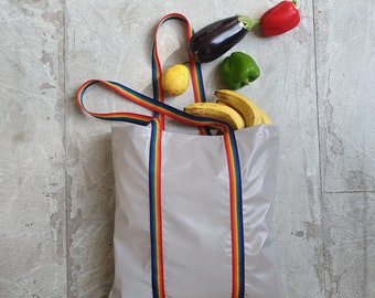 Waterproof Tote Bag in Reflective Silver fabric, long Neon handle, high vis shoulder bag, market bag, shopping bag, Christmas gift, LGBTQia+