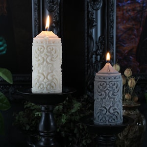 Mildred Gothic Pillar Candle Gothic Home Decor by The Blackened Teeth Vegan Unique Candle Cardinal Musk (Grey)