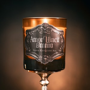 May include: A brown glass candle with a silver label that reads "Amor Vincit Omnia" and "Love Conquers All". The candle is lit and the flame is visible.