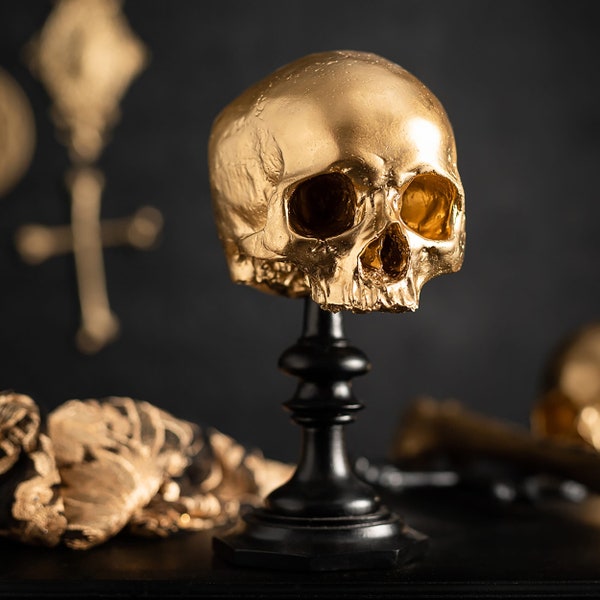 AUREATE - Socle en forme de crâne doré | Réplique de crâne humain | Décoration d'intérieur gothique