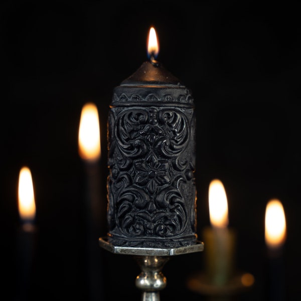 Mildred Gothic Pillar Candle | Gothic Home Decor by The Blackened Teeth | Vegan Unique Candle