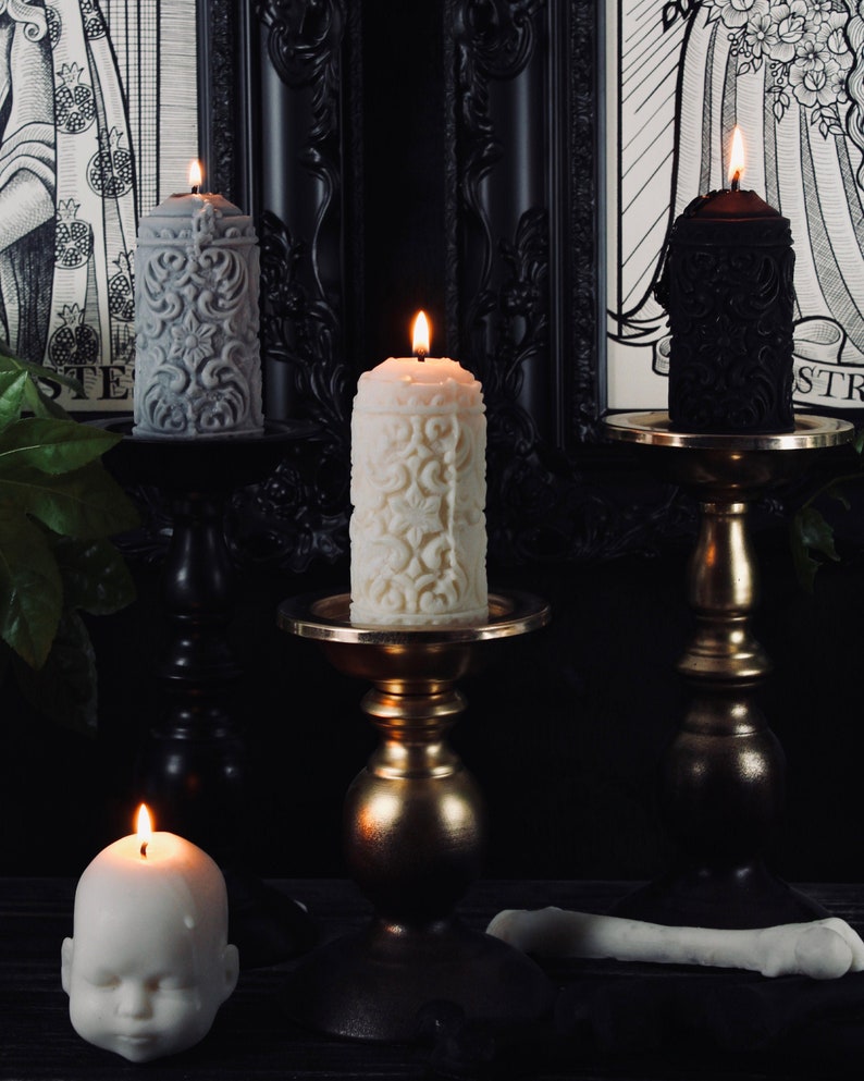 Mildred Gothic Pillar Candle Gothic Home Decor by The Blackened Teeth Vegan Unique Candle Midnight M (Black)