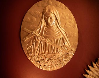 Saint Rita Gold Oval Plaque | The Blackened Teeth | Gothic Wall Decor | Religious Decor | Dark Decor Handmade by Artisans