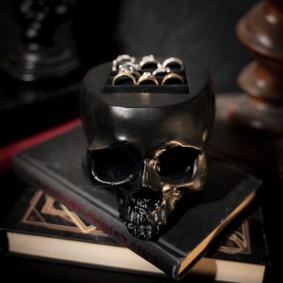 Skull Ring Holder Ornament - Black | Skull Ring Display | Skull Jewellery Stand | Gothic Home Decor by The Blackened Teeth
