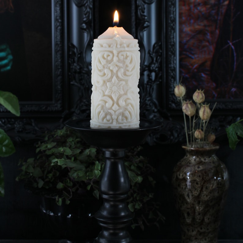 Mildred Gothic Pillar Candle Gothic Home Decor by The Blackened Teeth Vegan Unique Candle Rose (Ivory)