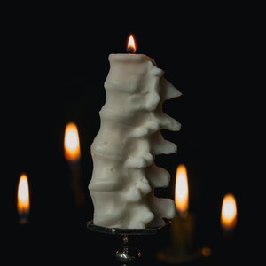 Pu&ograve; includere: Una candela bianca a forma di colonna vertebrale, che brucia con una fiamma, su un candelabro d'argento. La candela &egrave; circondata da altre candele, alcune accese e altre spente.
