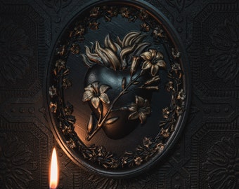 Sacred Heart Wall Plaque - Lily Edition  - Blackened Gold  | Gothic Gallery Wall | Gothic Home Decor by The Blackened Teeth