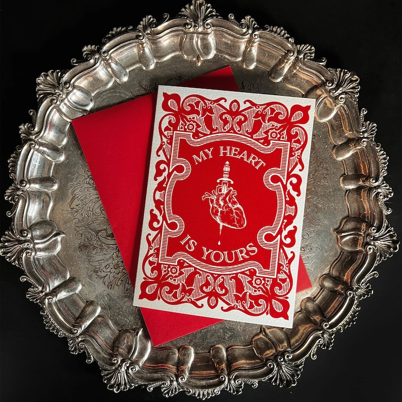 My Heart Is Yours Red Edition Greetings Card by The Blackened Teeth Gothic Home Decor Handmade by Artisans image 1
