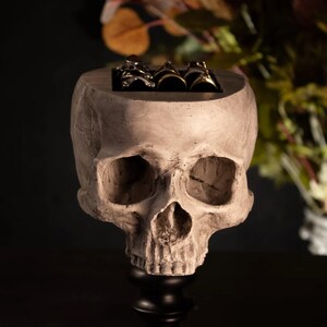 May include: A white ceramic skull ring holder with a black base. The skull has a detailed design and is holding several rings in its eye sockets.