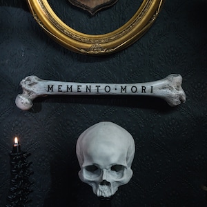Op de afbeelding: Een witte schedel met een bot waarop "Memento Mori" staat, tegen een donkere achtergrond.