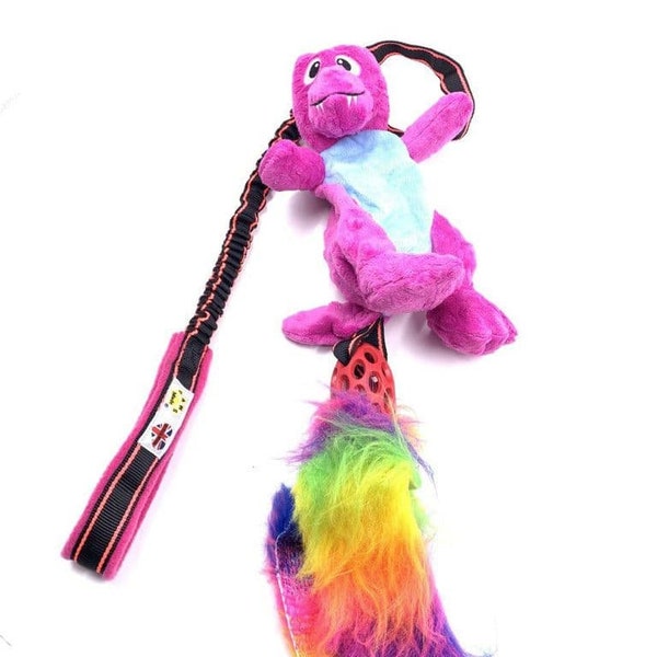 Paws Made ™ Dino Dangler - Bright Funky Bungee Dinosaur Holee Cage Rugby Tug Toy Dog Puppy Agility Flyball Training Toy RAINBOW FAUX TAILS