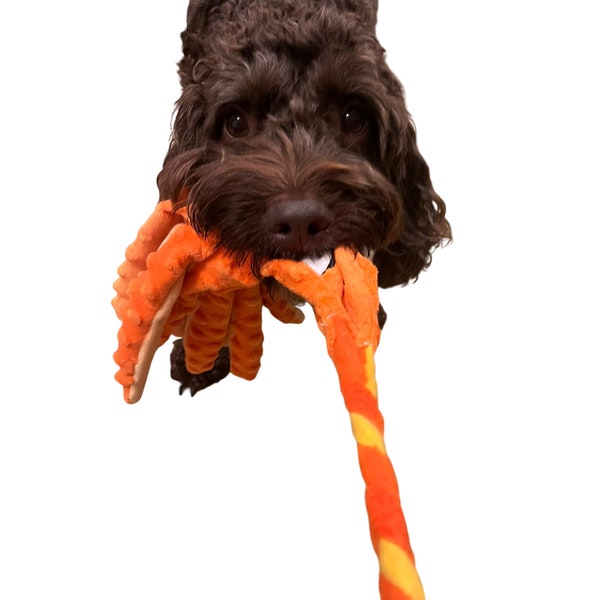 Paws Made™ The Octo Tug Extra long Fleece Handle - Featuring Crinkle Legs and squeaky head - Dog training Toy