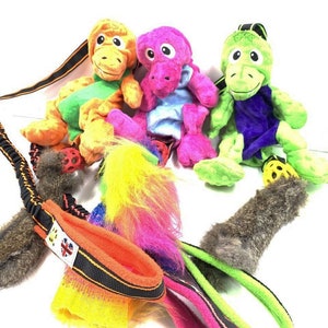 Paws Made ™ Dino Dangler - Bright Funky Bungee Dinosaur Holee Cage Rugby Tug Toy Dog Puppy Agility Flyball Training Toy SHEEP TAILS