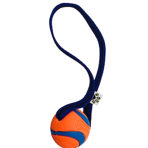 Puede incluir: Juguete para perro de goma naranja y azul con una correa azul. La correa tiene una etiqueta amarilla con el texto "Chuckit!"